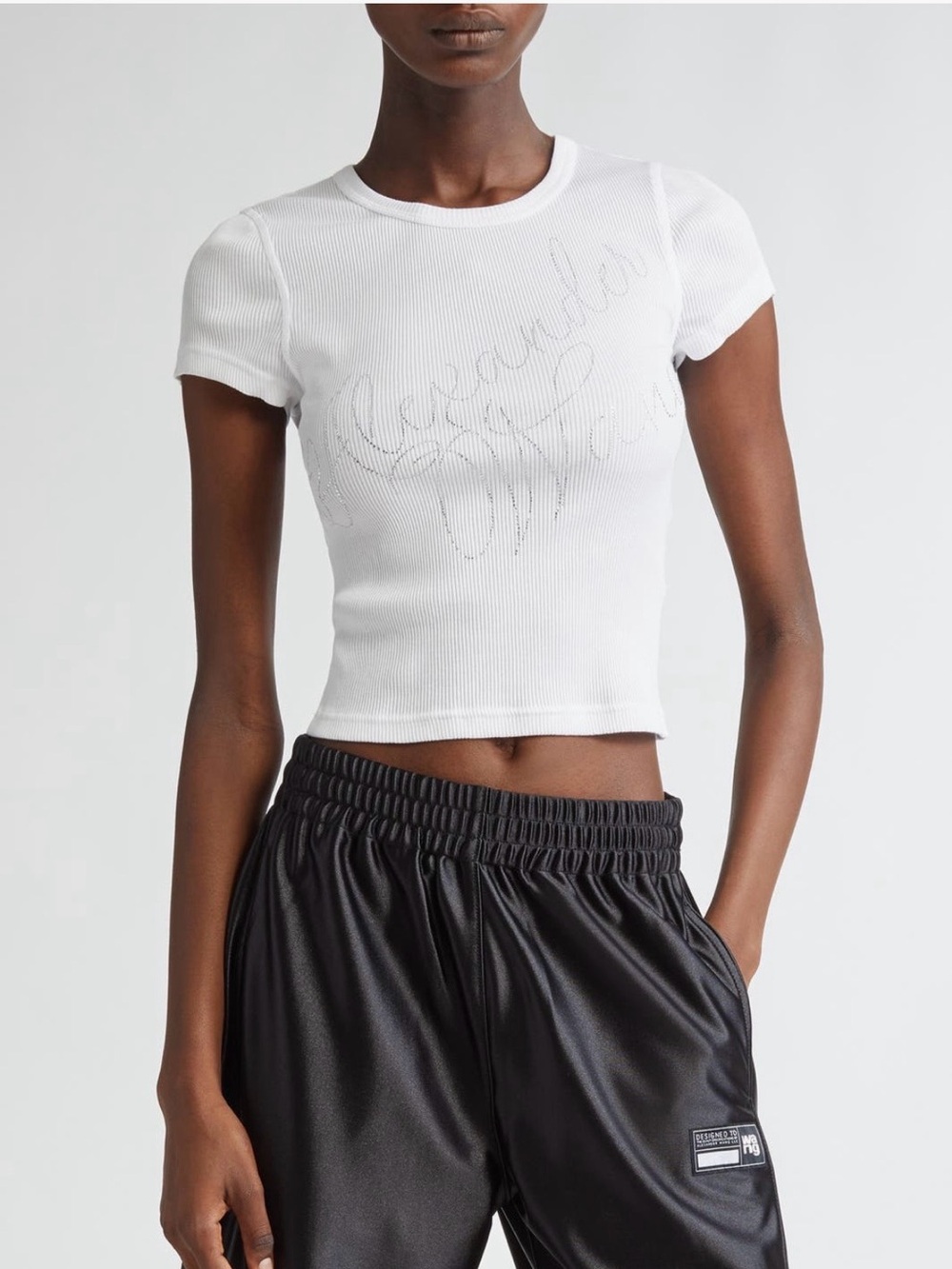 NWT Alexander Wang Ombré Hotfix Crystal Cursive Logo Rib T-Shirt White S $395